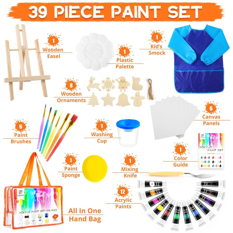 POPYOLA Acrylic Paint Set for Kids  Non Toxic Kids Painting Set with Tabletop Easel  Acrylic Paints  Smock  Canvases  Wooden Stencils  Brushes  Painting Kit Gift for Beginner Student Toddlers - Image 2